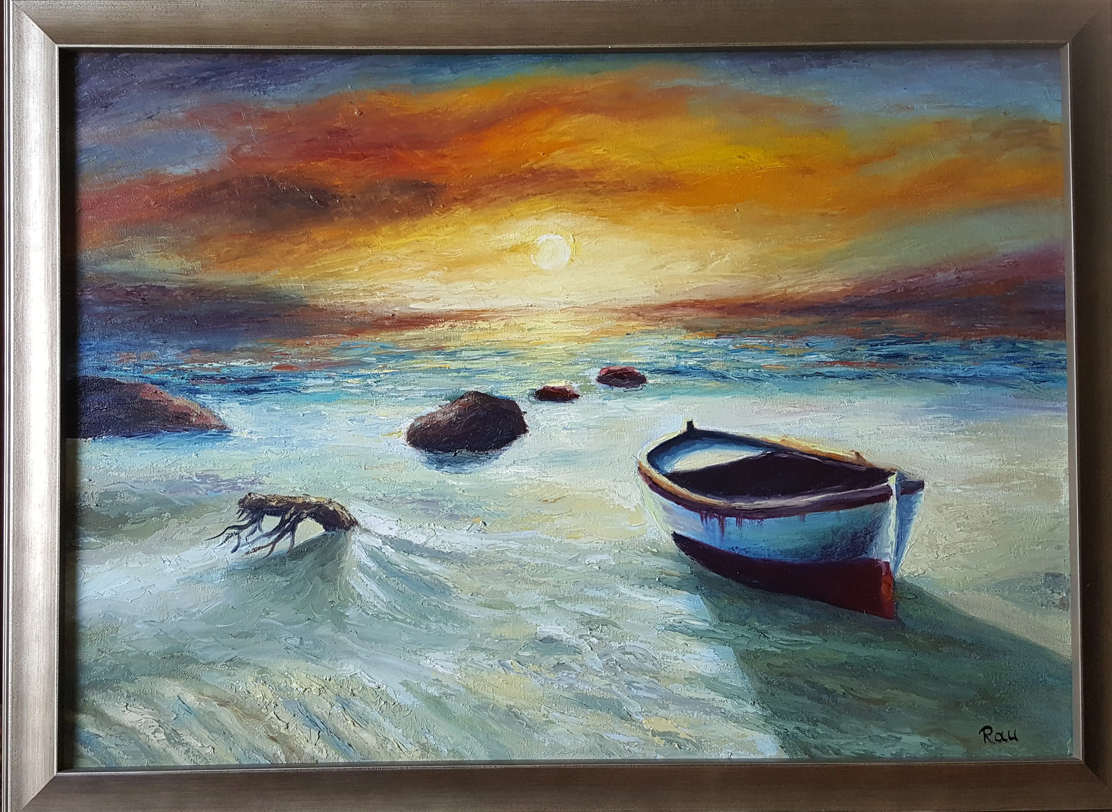 39.Закат.Лодка. масло.